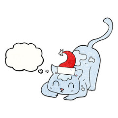 thought bubble textured cartoon cat wearing christmas hat