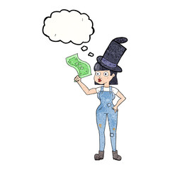 thought bubble textured cartoon woman holding on to money