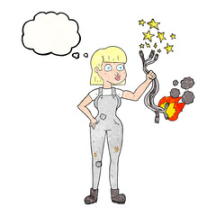 thought bubble textured cartoon female electrician