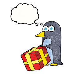 thought bubble textured cartoon penguin with christmas present