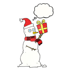 thought bubble textured cartoon snowman holding present