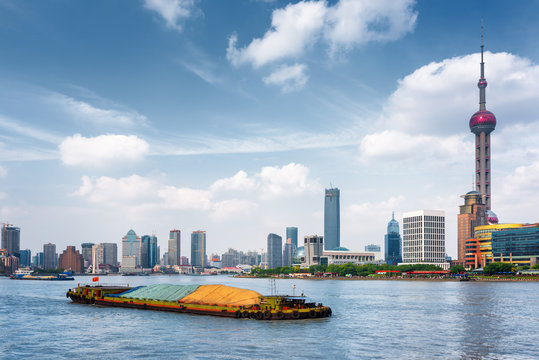 Self-propelled barge on the Huangpu River in Shanghai, China