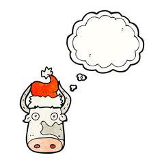 thought bubble textured cartoon cow wearing christmas hat