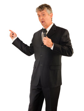 Television TV News Caster Reporter Reporting With A Microphone Isolated On A White Background