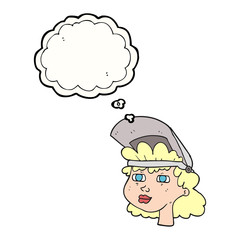 thought bubble cartoon woman with welding mask