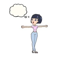 thought bubble cartoon woman spreading arms