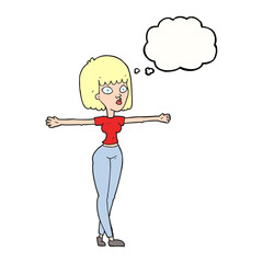 thought bubble cartoon woman spreading arms