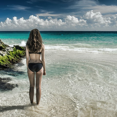 Gorgeous woman in bikini looking on sea at tropical beach. Locat