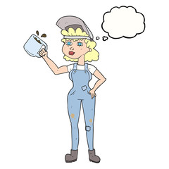 thought bubble cartoon woman in dungarees