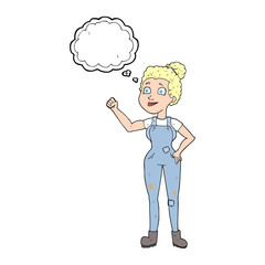 thought bubble cartoon woman in dungarees