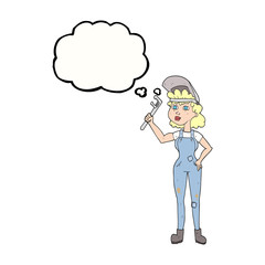 thought bubble cartoon capable woman with wrench