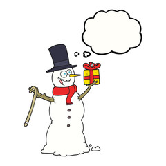 thought bubble cartoon snowman holding present