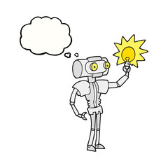 thought bubble cartoon robot with light bulb