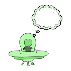 thought bubble cartoon alien in flying saucer