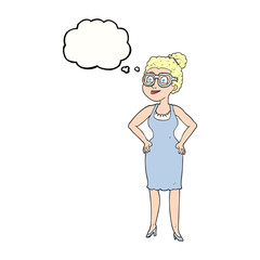 thought bubble cartoon woman wearing glasses