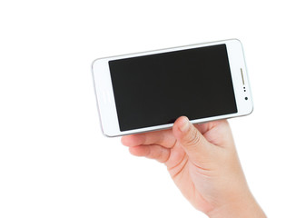 hand holding white smartphone blank screen on isolated