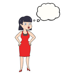 thought bubble cartoon woman in dress with hands on hips