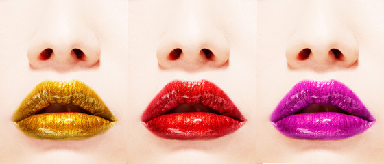 Colorful lips. Many different color lipsticks.