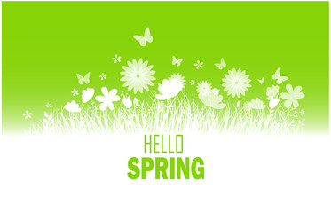Naklejka premium Spring background with flower, butterflies and grass silhouette