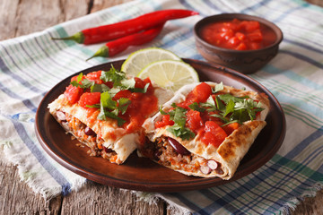 chimichanga with ground meat, beans and cheese close-up. horizontal
