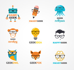 Geek, nerd, smart hipster icons - animals and symbols