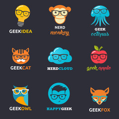 Geek, nerd, smart hipster icons - animals and symbols