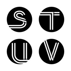 Capital letters S, T, U, V. From double white stripe in a black circle.