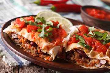 Mexican Food: chimichanga with tomato salsa close-up horizontal
