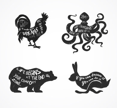 Wild animals silhouettes with lettering quots vector illustration