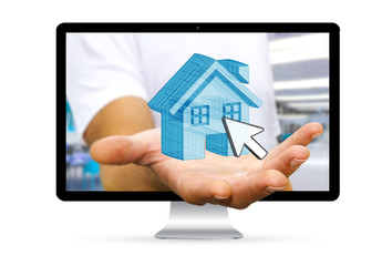 Real Estate agent escaping from computer with brand new house in