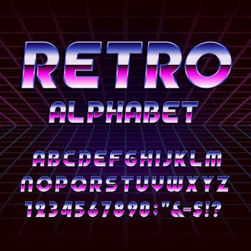 80's retro alphabet vector font. Metallic effect letters and numbers on the 80's style background. Vector typography for flyers, headlines, posters etc.