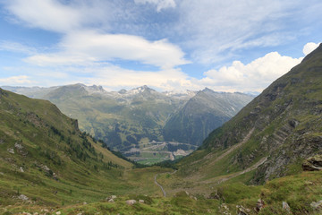 Mountain panorama with Felbertauern street in Hohe Tauern Alps, Austria