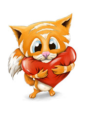 Cute fluffy ginger kitten holding a big heart