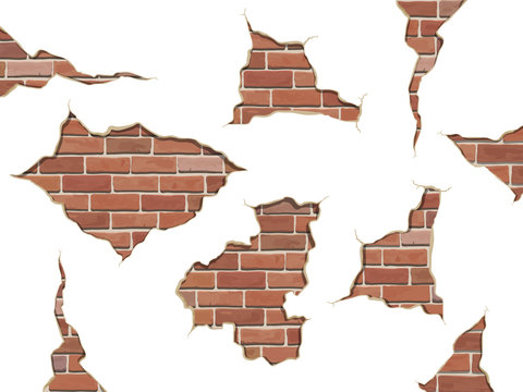 Set old shabby concrete and brick cracks. Vector separate elements for wall decor.  Vector illustration isolated, on white background.