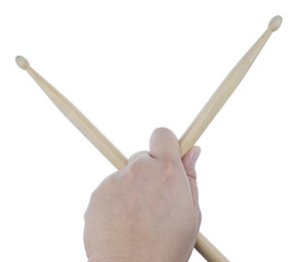 Isolated male left hand holding drum sticks