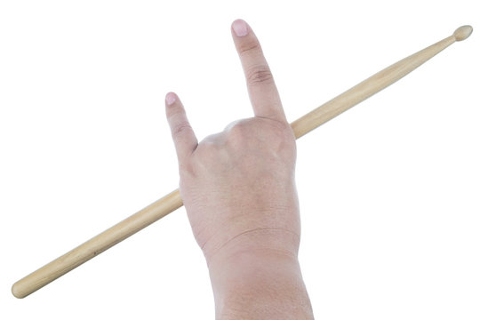 Isolated male left hand holding drum stick