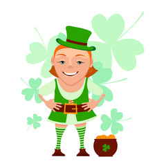 Cartoon girl leprechaun with pot and leaf clover isolated on a white background. Vector illustration of a girl leprechaun smiles and welcomes. Character girl leprechaun for St. Patrick's Day