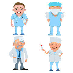 Obraz premium Vector illustration of a doctor in uniform. Cartoon happy smiling doctor isolated. Seth doctors and nurses with stethoscope , mask and syringe. Doctor therapist.Doctor surgeon. Doctor otolaryngologist