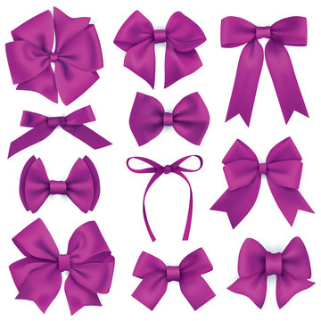 Big set of realistic purple gift bows and ribbons