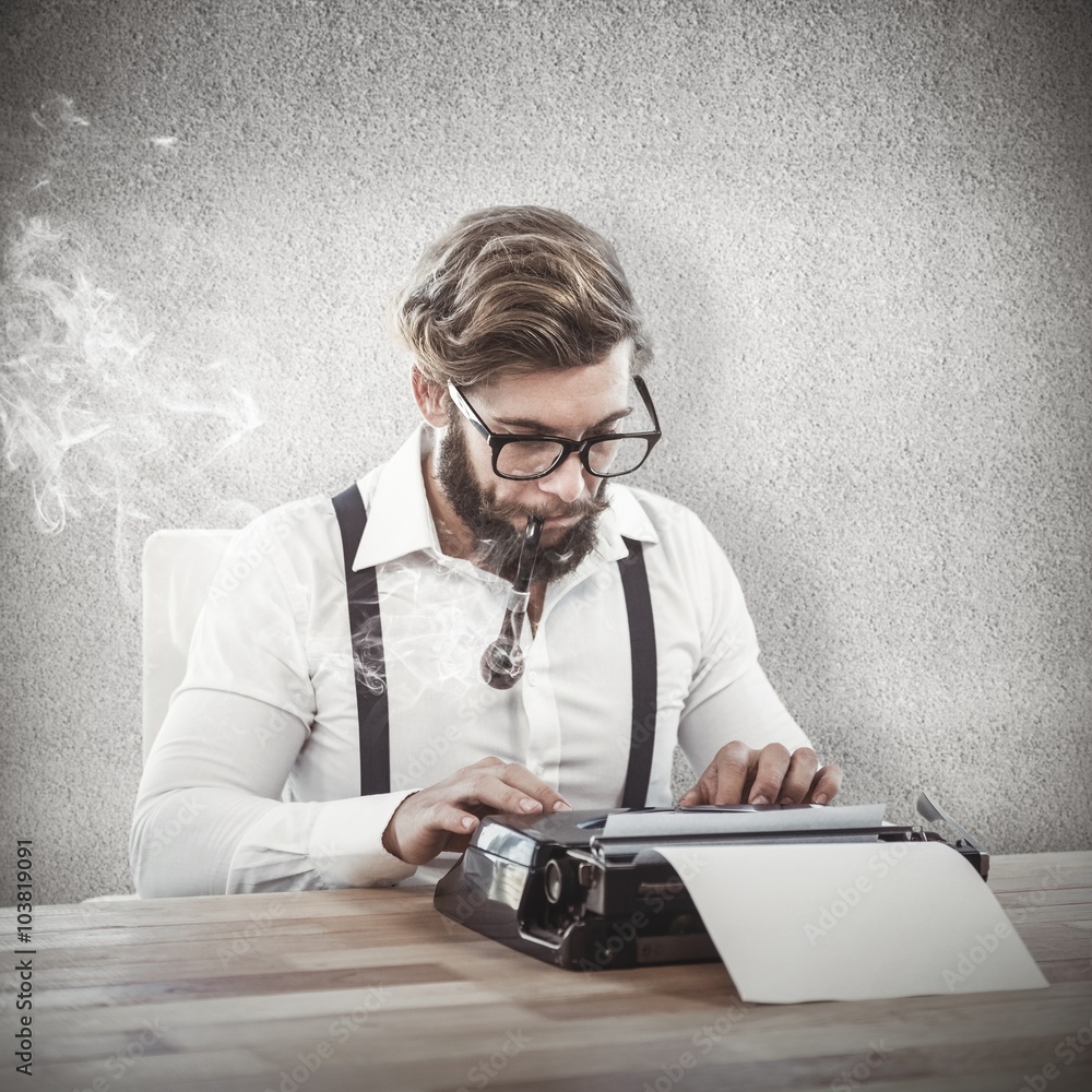 Poster composite image of hipster smoking pipe while working on typewriter