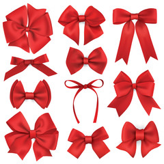 Big set of realistic red gift bows and ribbons - obrazy, fototapety, plakaty