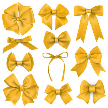 Big set of realistic yellow gift bows and ribbons