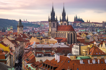 Cityscape of Prague old town with beautiful towers and castle