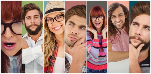 Composite image of smiling hipsters thinking and smiling