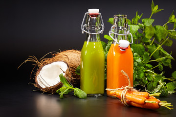 Glasses with fresh organic vegetable and fruit juices isolated o