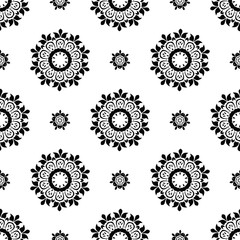 Flower stylized ornament. Seamless pattern, black and white