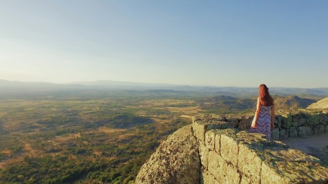 Castle Tourist Woman Walking Surrounding Wall Fort Visiting Historic Place Vacation Footage Drone Beautiful Portugal Landscape Sunset Famous Travel Tourism