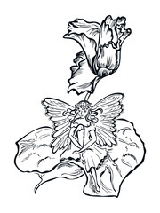 winged fairy sit in flower lea
