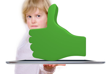 Child with tablet and thumbs up