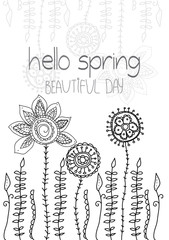 monochrome line drawing of flowers drove with the words Hello spring, the paint-by-numbers, monochrome vector illustration
